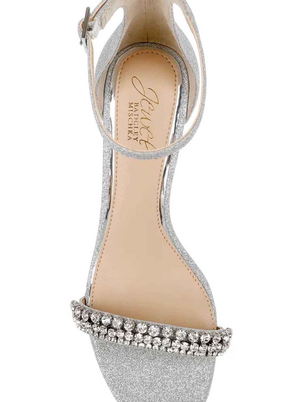 Badgley Mischka Silver Glitter Ankle-Strap Sandal with Crystal Toe Band